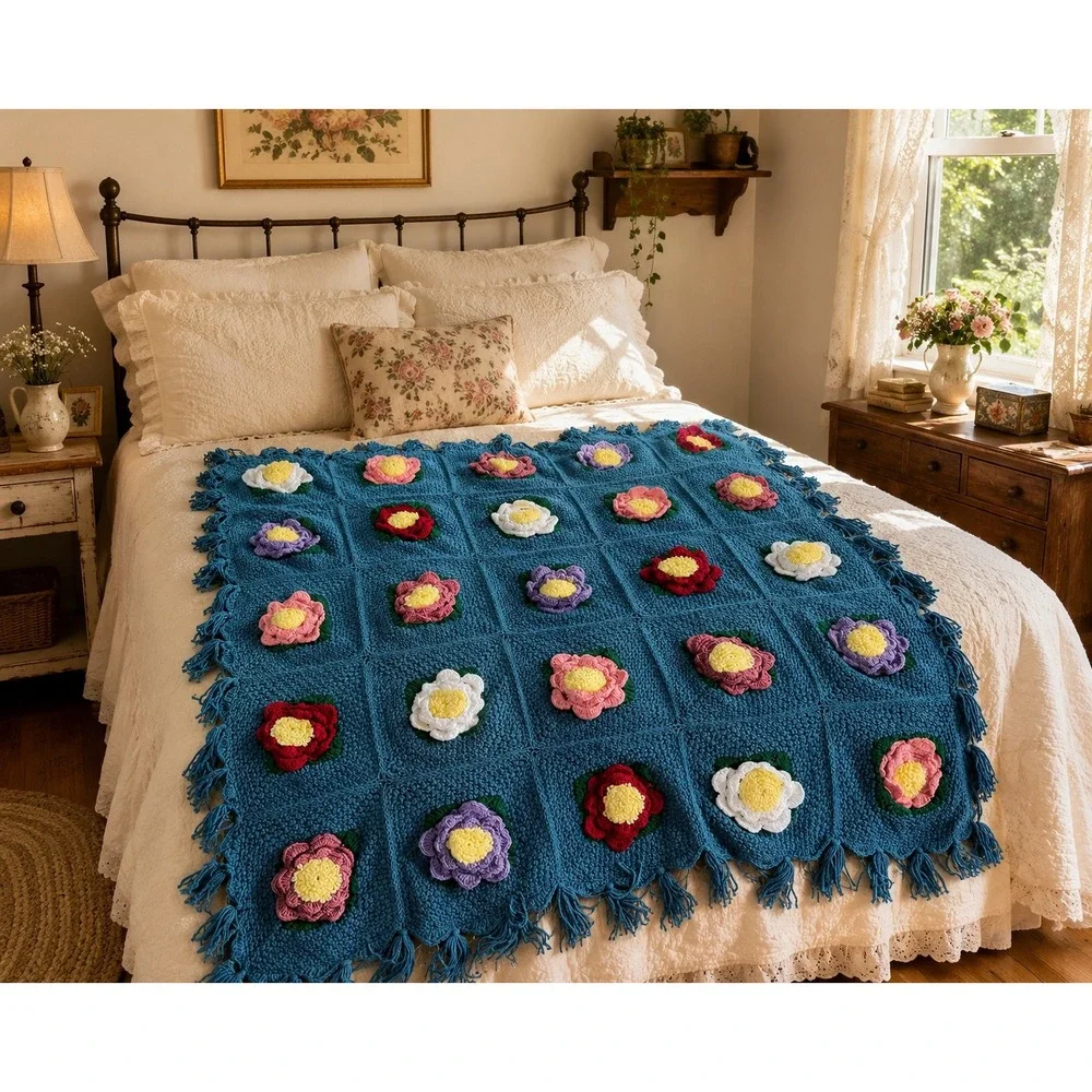 Vintage Handmade Crochet Floral Afghan Blanket Granny Square Fringe Cottagecore